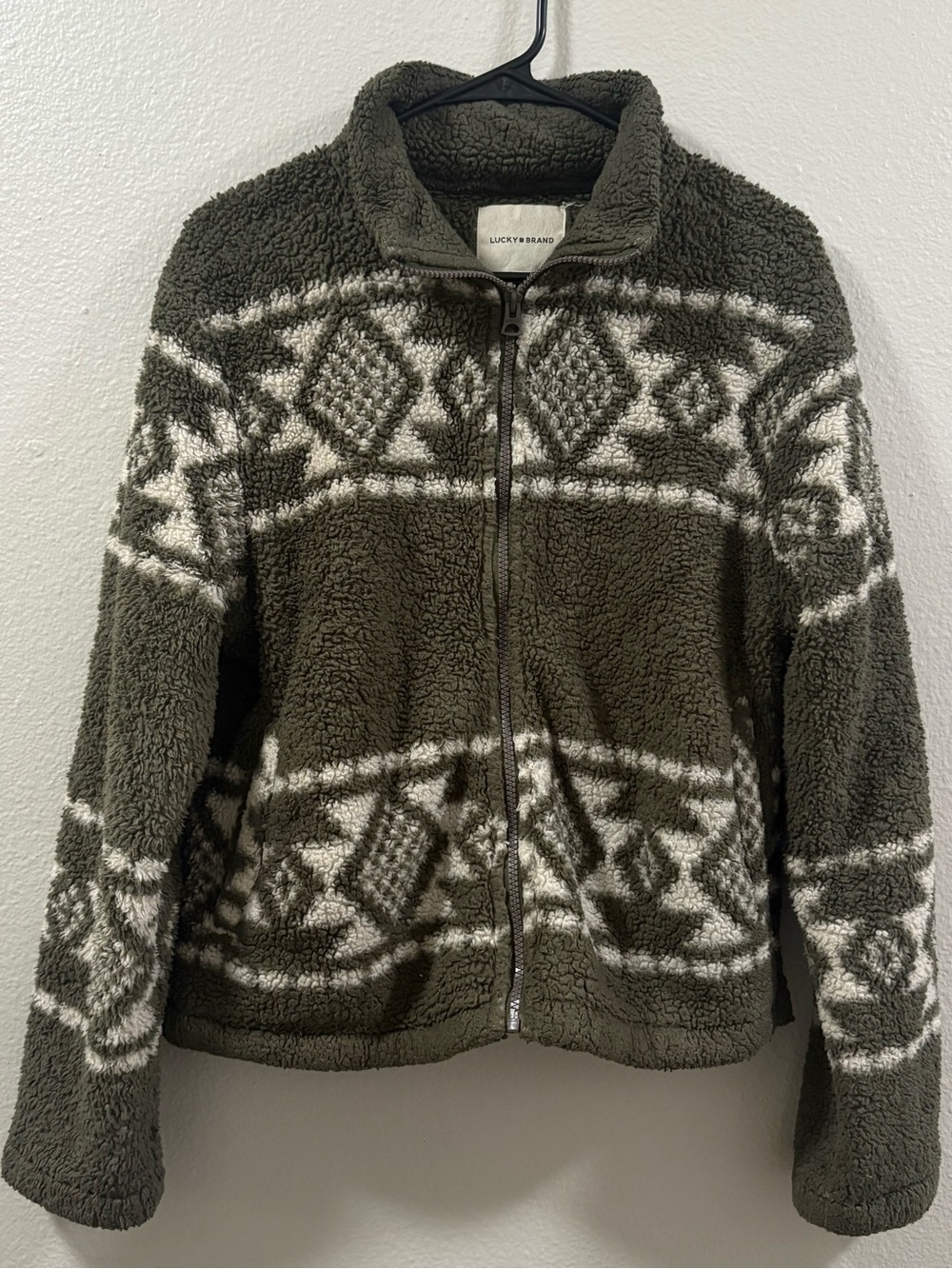 Lucky Brand Olive Green Sherpa Zip Jacket with Ivory Pattern